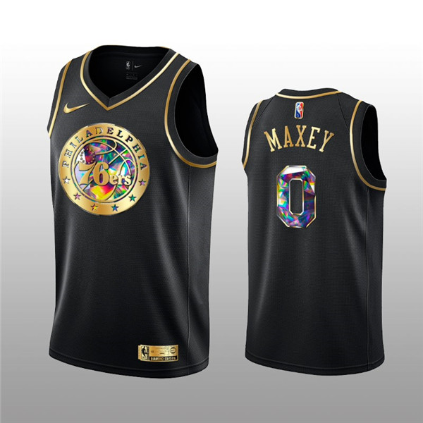 Men's Philadelphia 76ers #0 Tyrese Maxey 2021/22 Black Golden Edition 75th Anniversary Diamond Logo Stitched Basketball Jersey Men's Philadelphia 76ers #0 Tyrese Maxey 2021/22 Black Golden Edition 75th Anniversary Diamond Logo Stitched Basketball Jersey